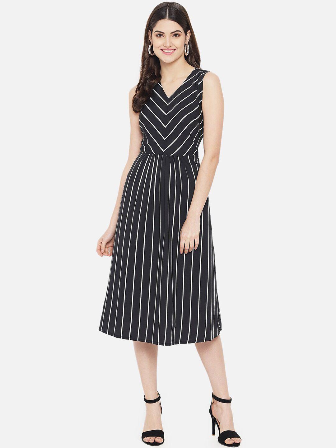 yaadleen black striped a-line midi dress