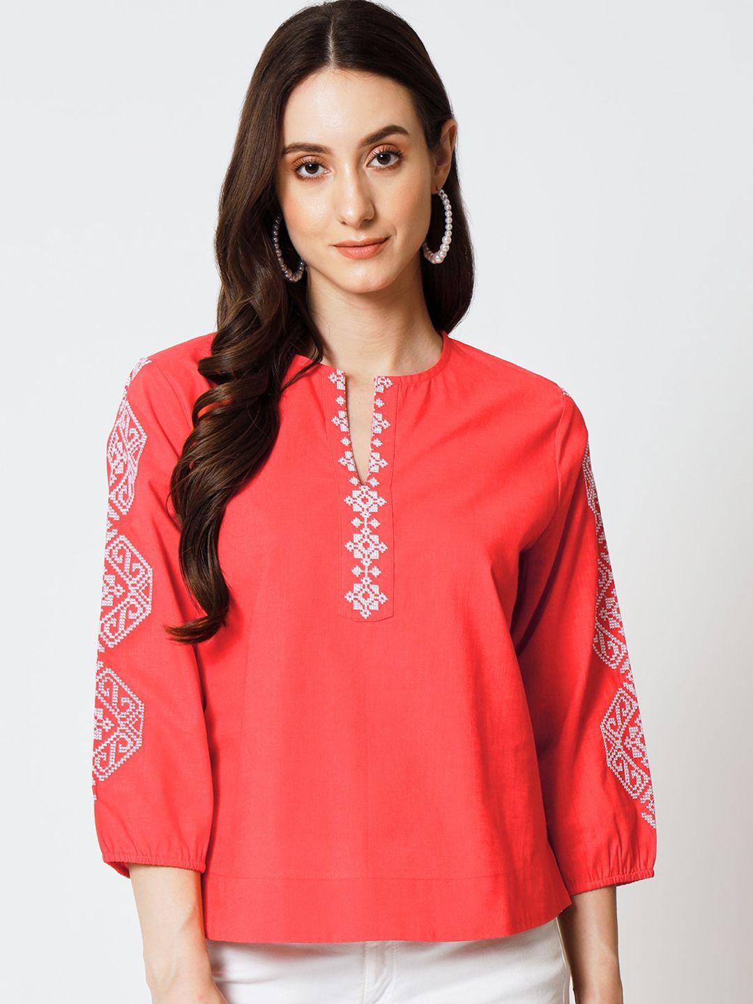 yaadleen ethnic motif embroidered notch neck cotton regular top