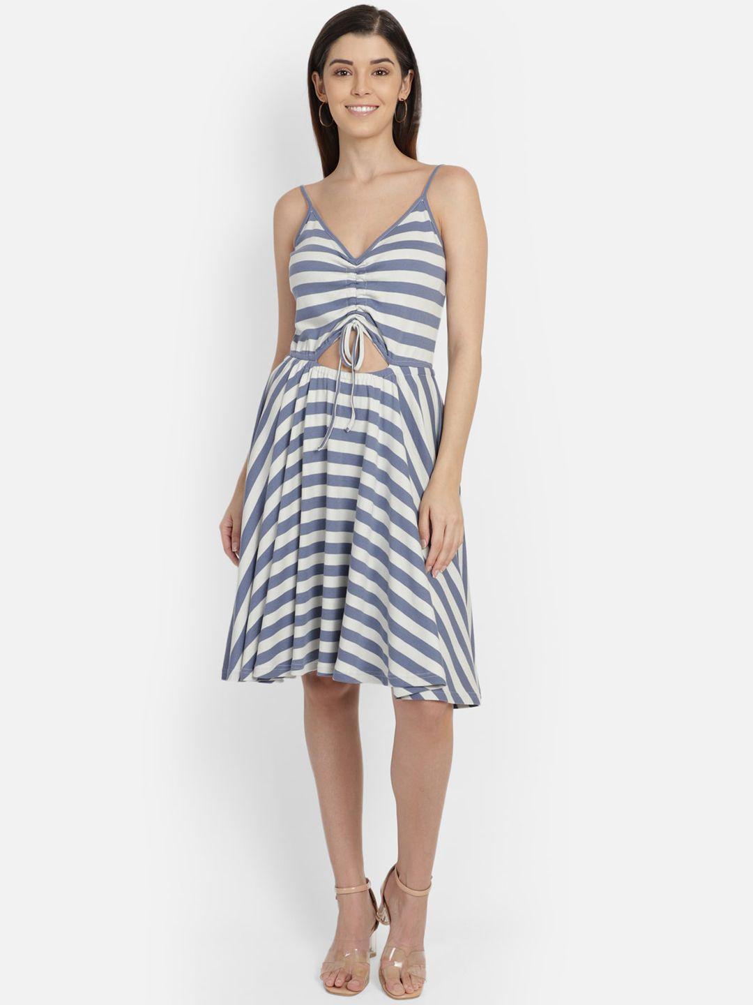 yaadleen women blue & white striped fit and flare dress