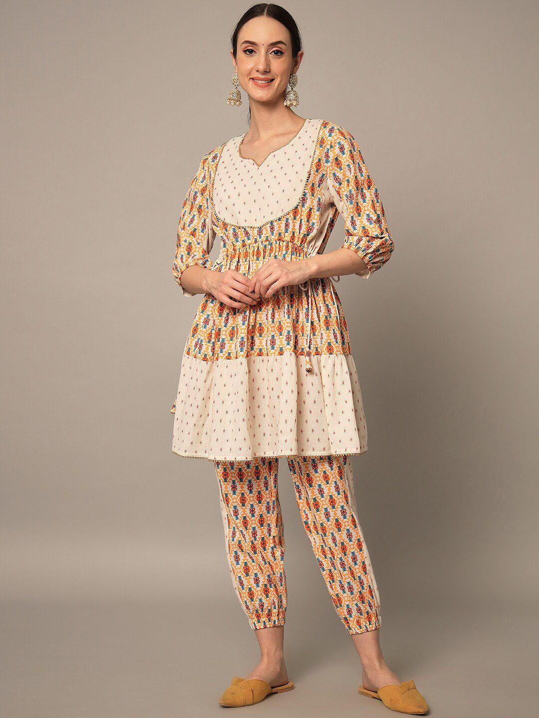 yaadleen women multicoloured ethnic motifs printed empire pure cotton kurti with pyjamas