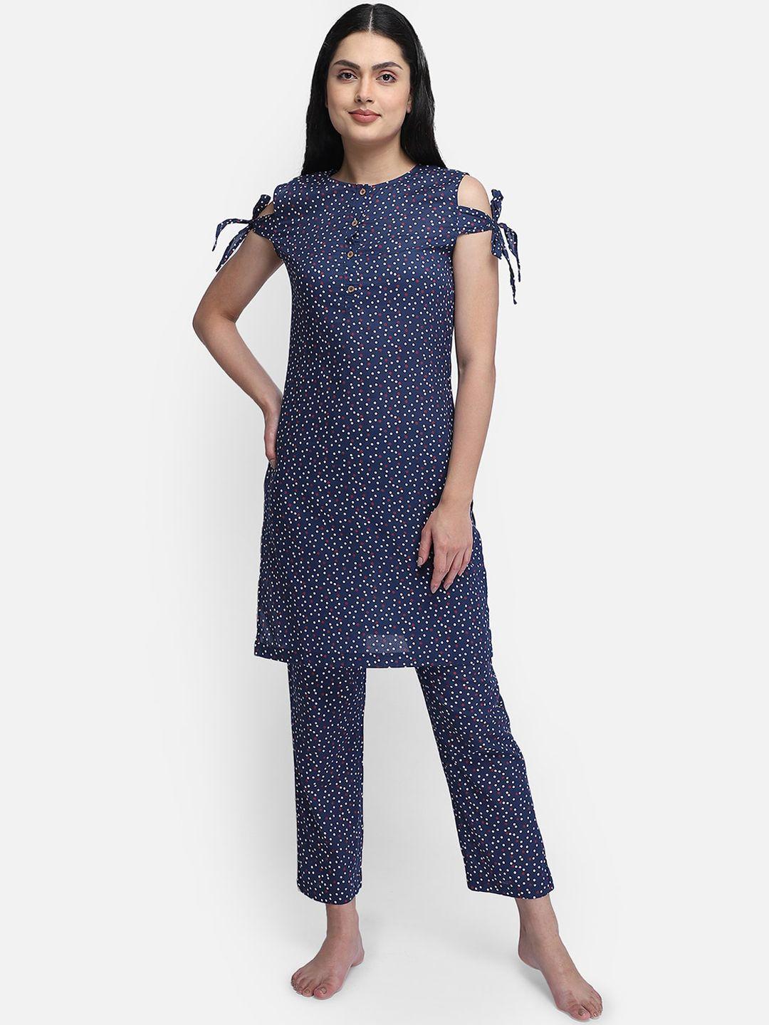 yaadleen women navy blue ethnic motifs printed pure cotton kurta with trousers