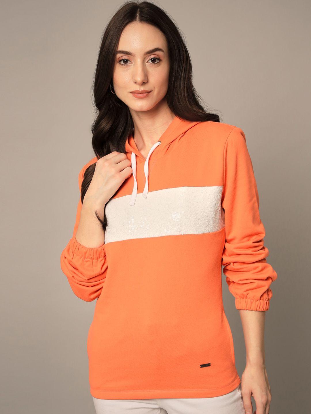 yaadleen women orange colourblocked hooded sweatshirt