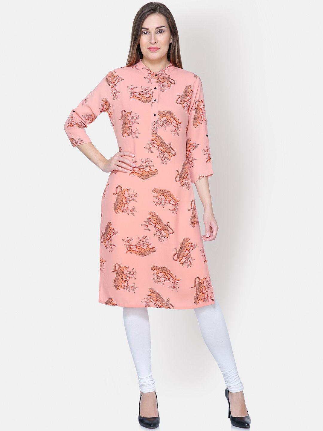 yaadleen women peach-coloured printed straight kurta