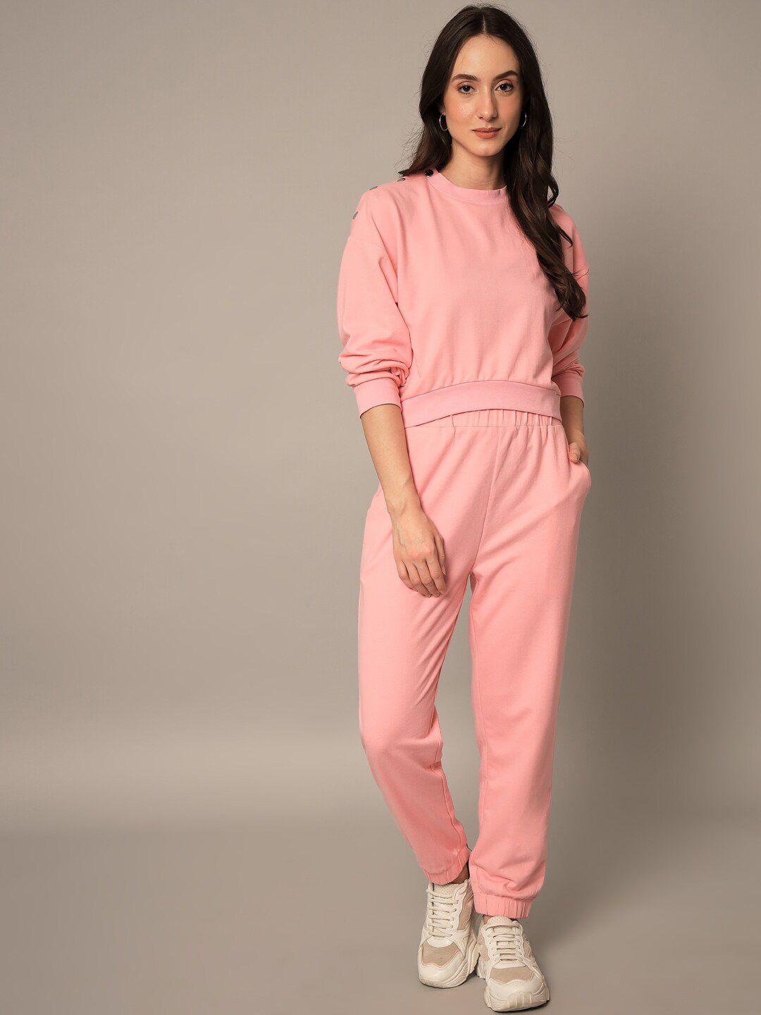 yaadleen women pink solid cotton tracksuits