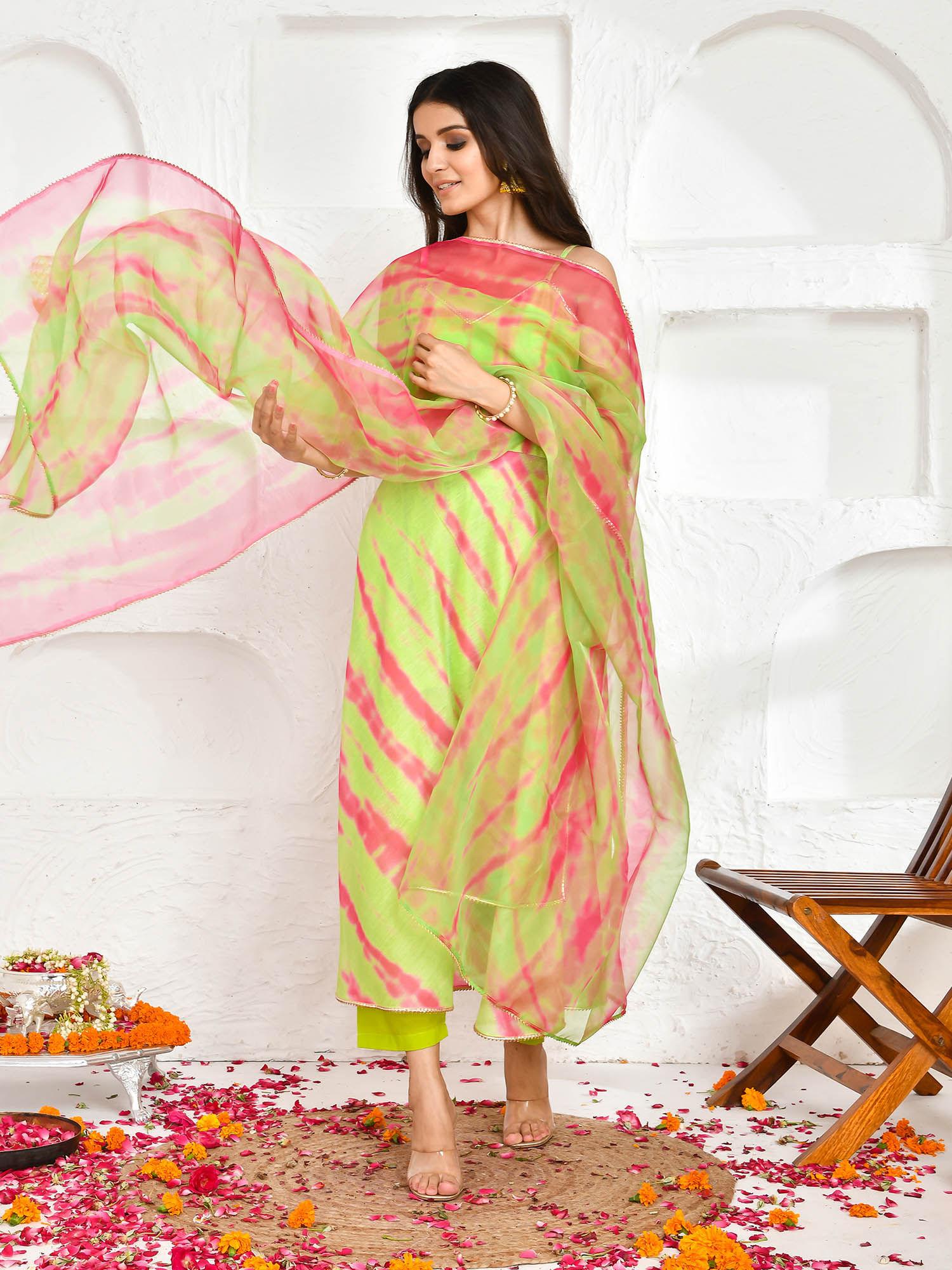 yadavi shibori green chanderi anarkali (set of 3)