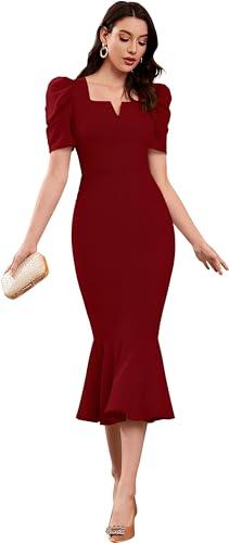 yagnapurush women's lycra blend sweet-heart neck puff sleeve fit and flared calf length casual bodycon dress for party, office, meetings etc. maroon