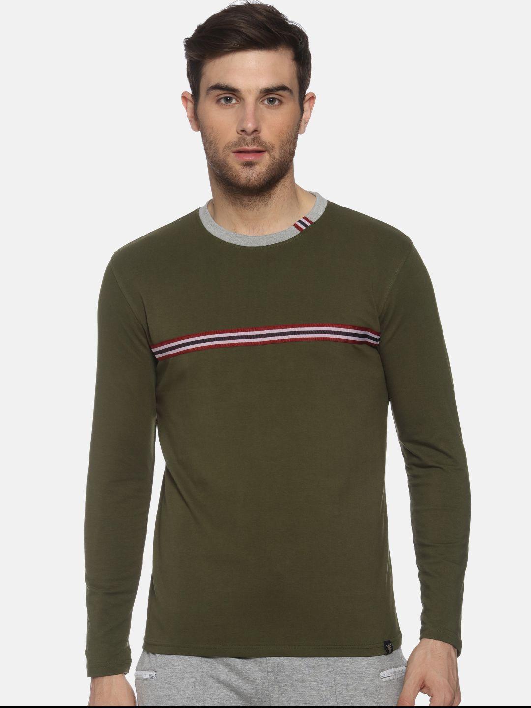 yak yak men olive green slim fit striped round neck pure cotton t-shirt