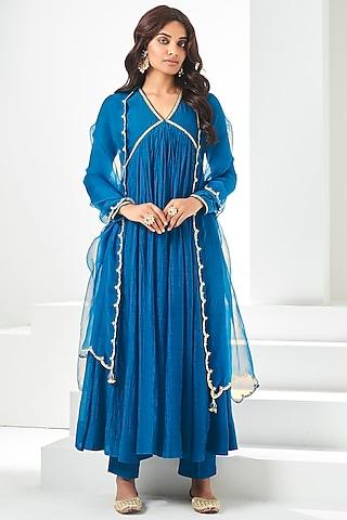 yale blue soft chanderi embroidered anarkali set