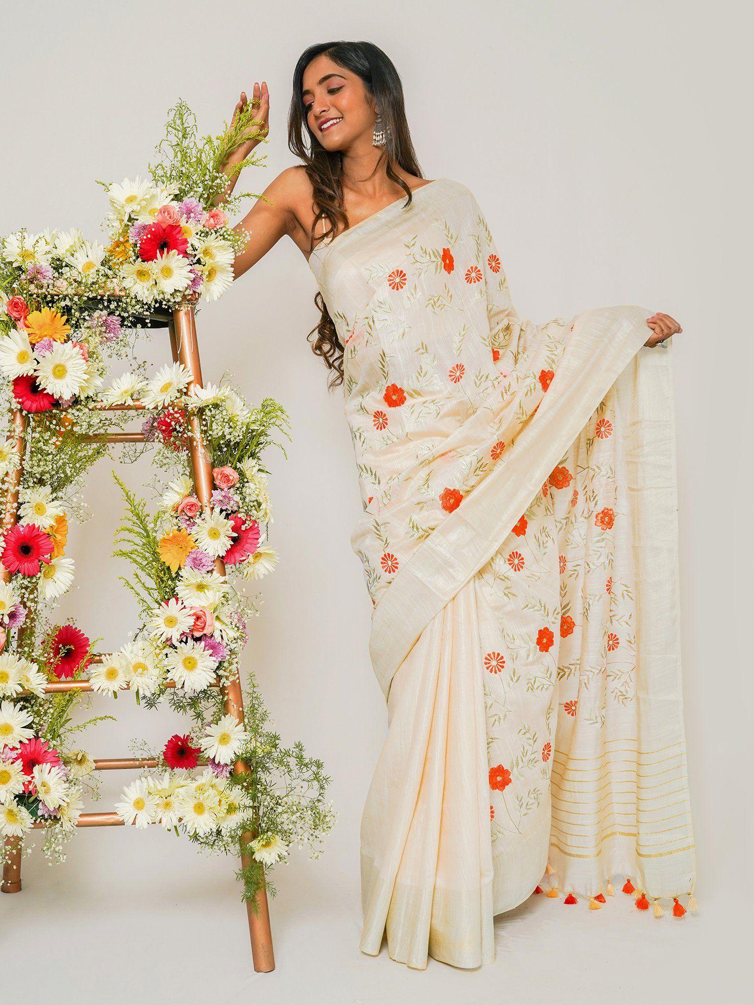 yamira off white pure silk linen saree with unstitched blouse