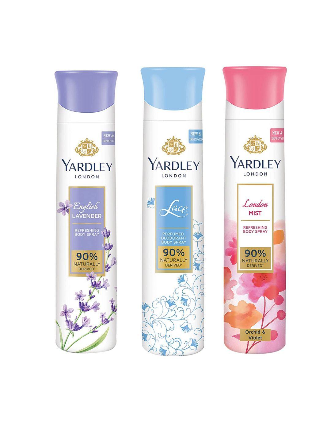 yardley london set of 3 refreshing body spray - english lavender - london mist - lace - 150 ml each