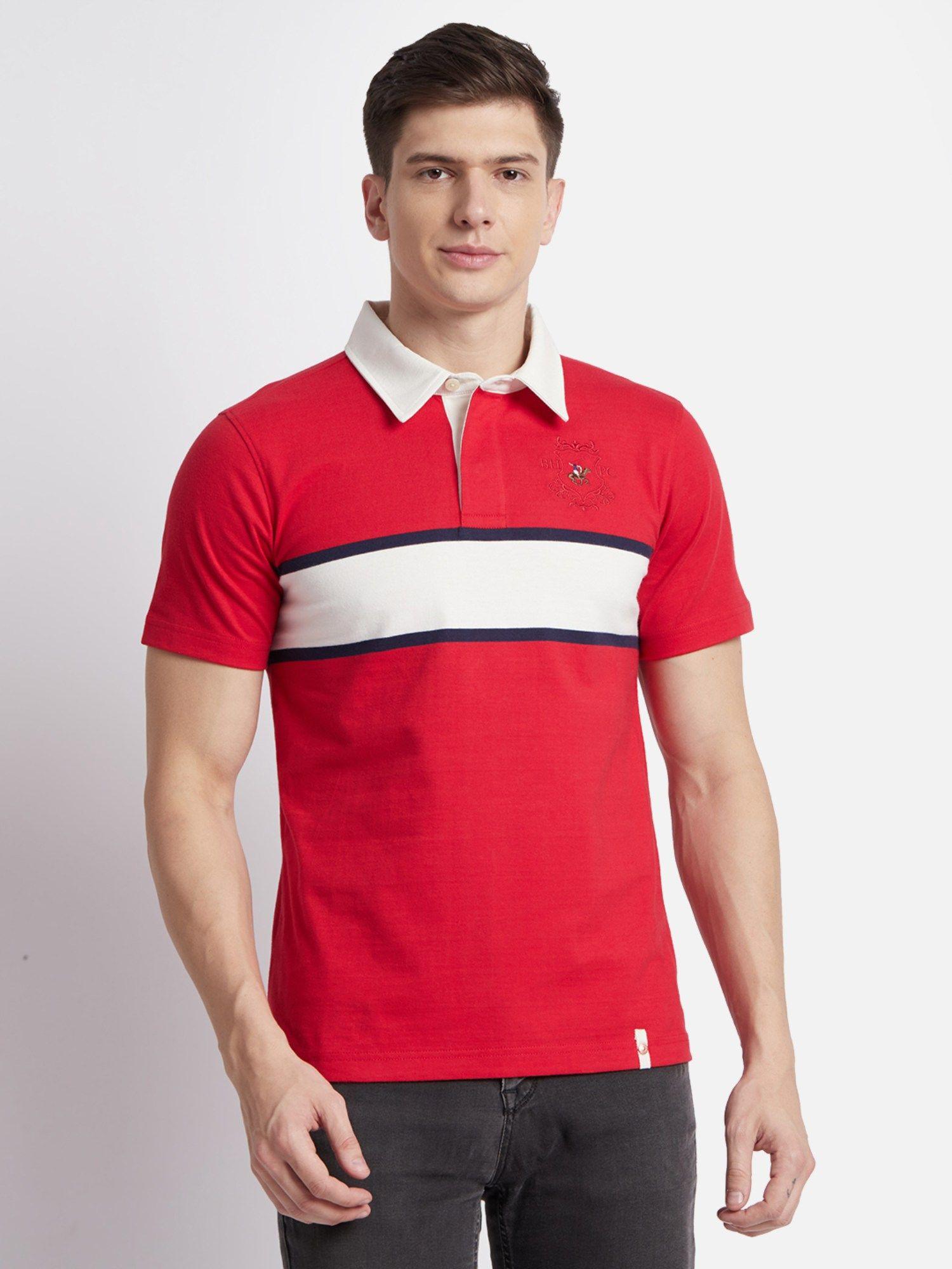 yarn dye stripe short sleeve rugby red polo t-shirt