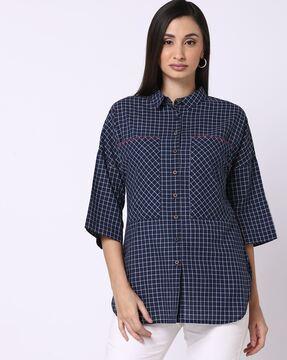 yarn-dyed checked shirt with lace detail