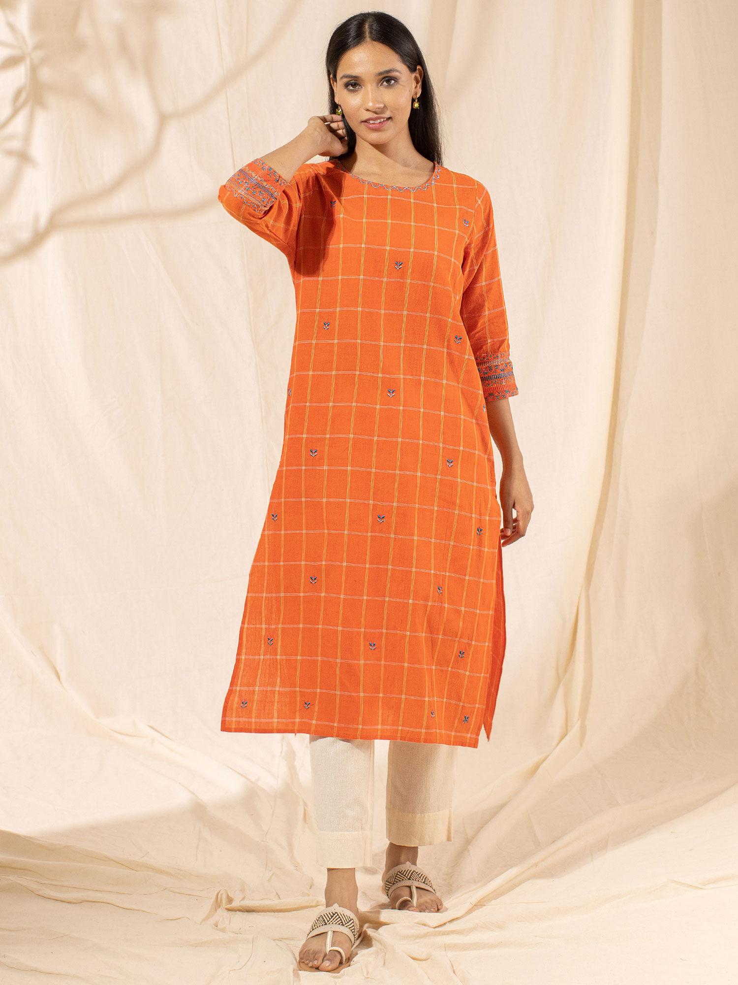 yarn dyed chequered rust kurta likkur55