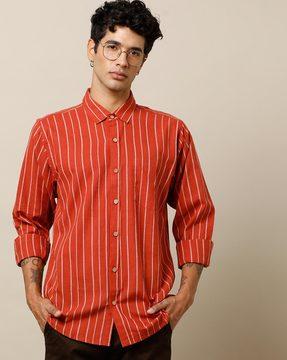 yarn dyed south cotton striped shirt with patch pocket