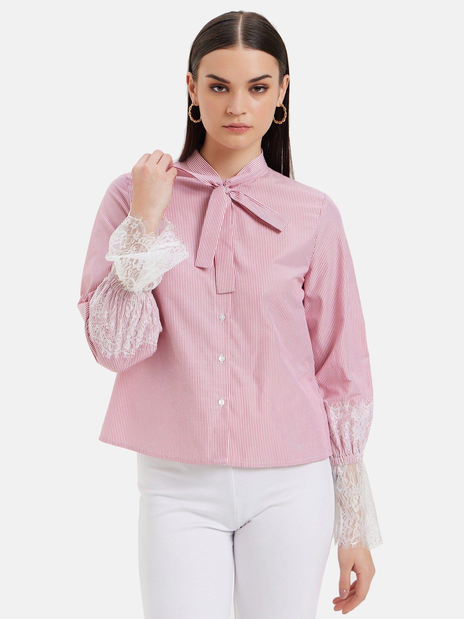 yarn dyed striped shirt with lace sleeves