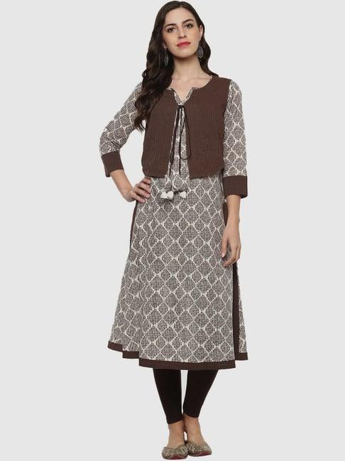 yash gallery brown & off-white cotton printed a line kurta with jacket
