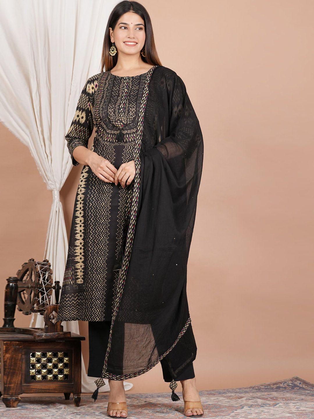 yash gallery ethnic motif printed pure cotton straight kurta & trousers with dupatta