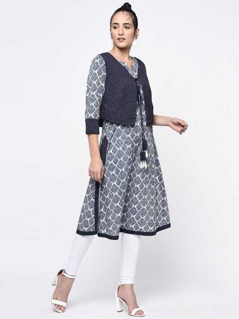 yash gallery navy & white cotton printed a line kurta with jacket