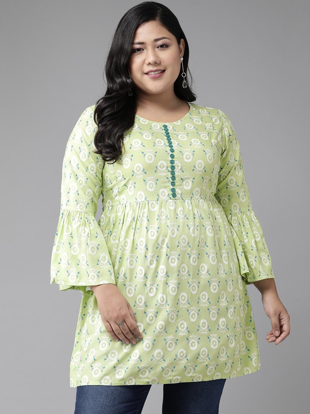 yash gallery plus size green & off white floral print bell sleeves kurti