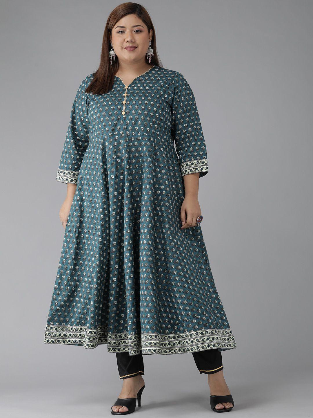 yash gallery plus size women teal blue & white ethnic motifs printed kurta