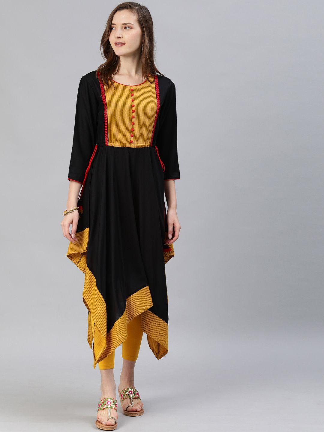 yash gallery women black & mustard yellow yoke design a-line kurta with embroidered detail