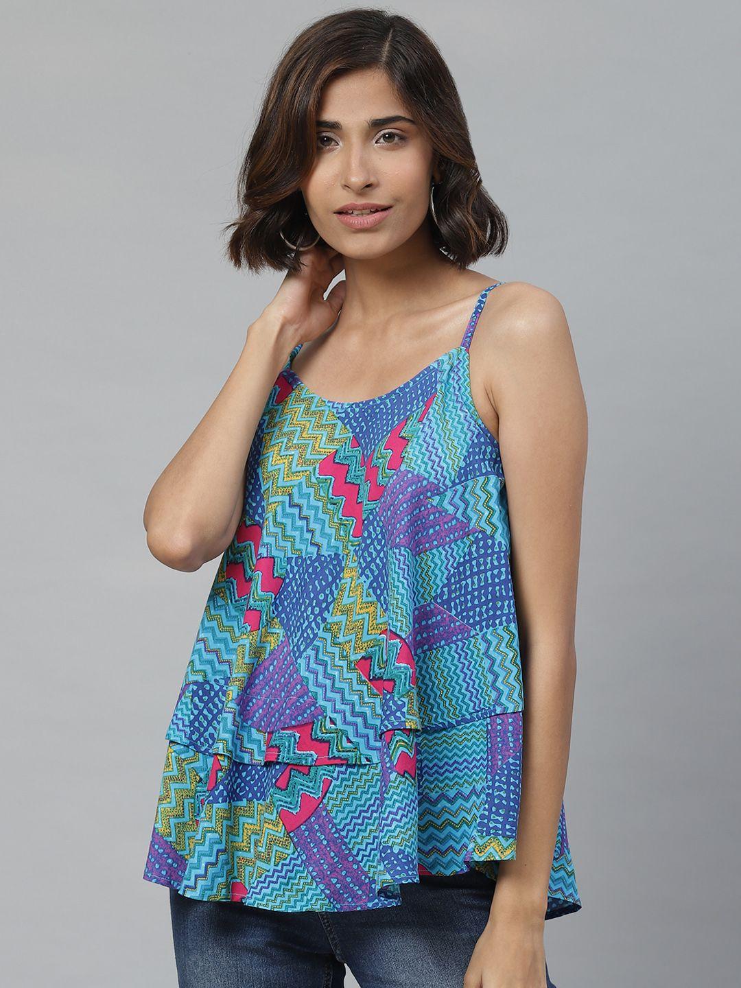 yash gallery women blue & pink printed a-line top