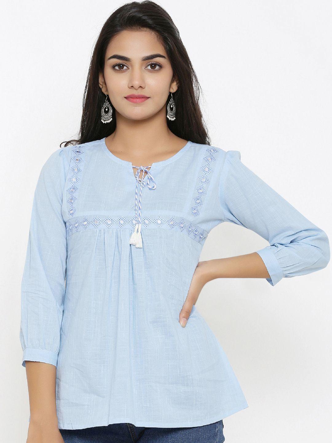 yash gallery women blue embroidered pure cotton top