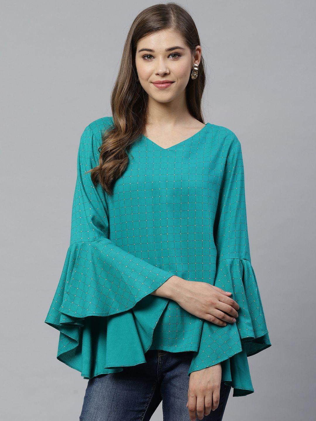 yash gallery women green checked a-line top