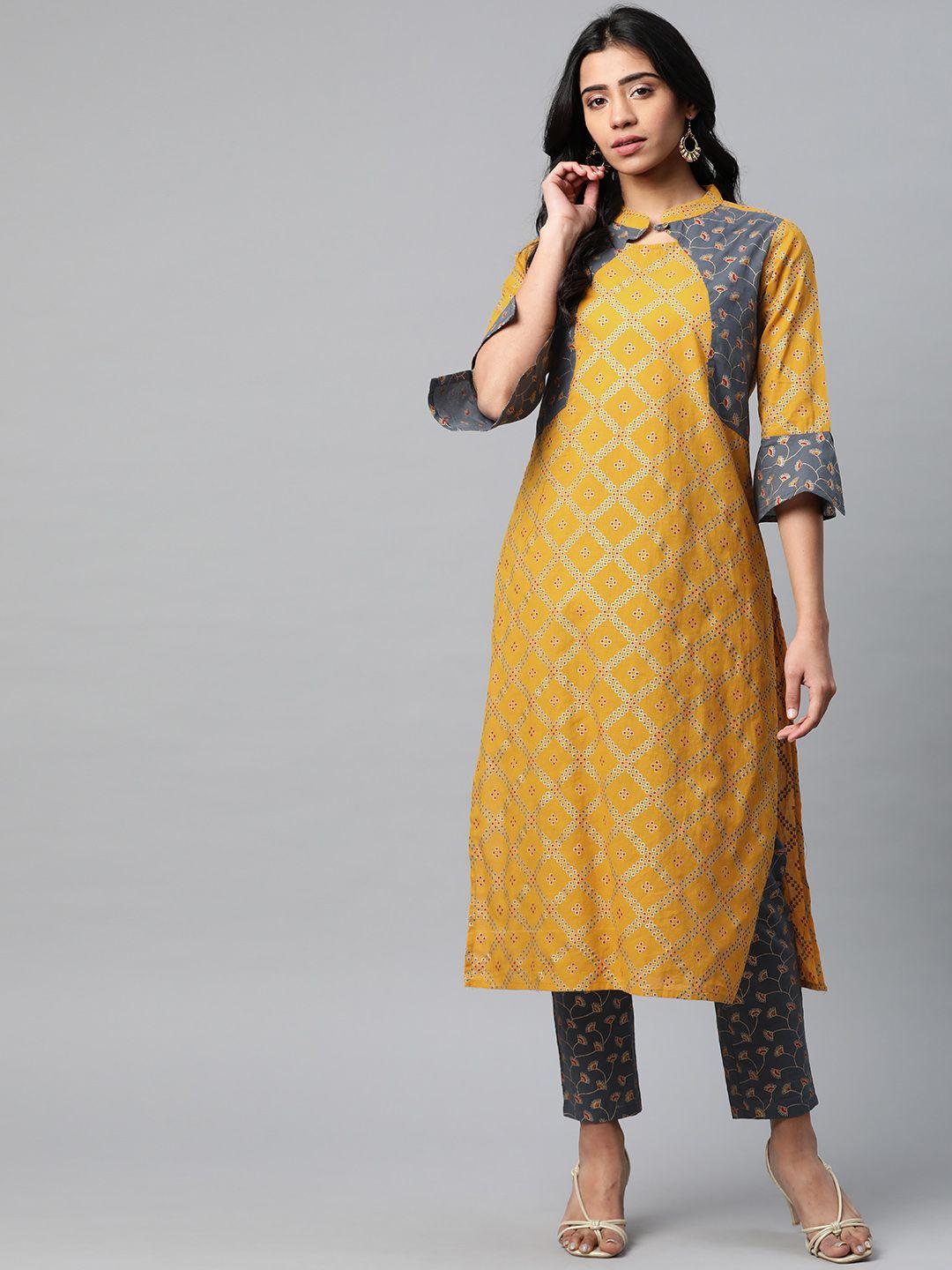 yash gallery women mustard yellow & golden printed kurta with trousers
