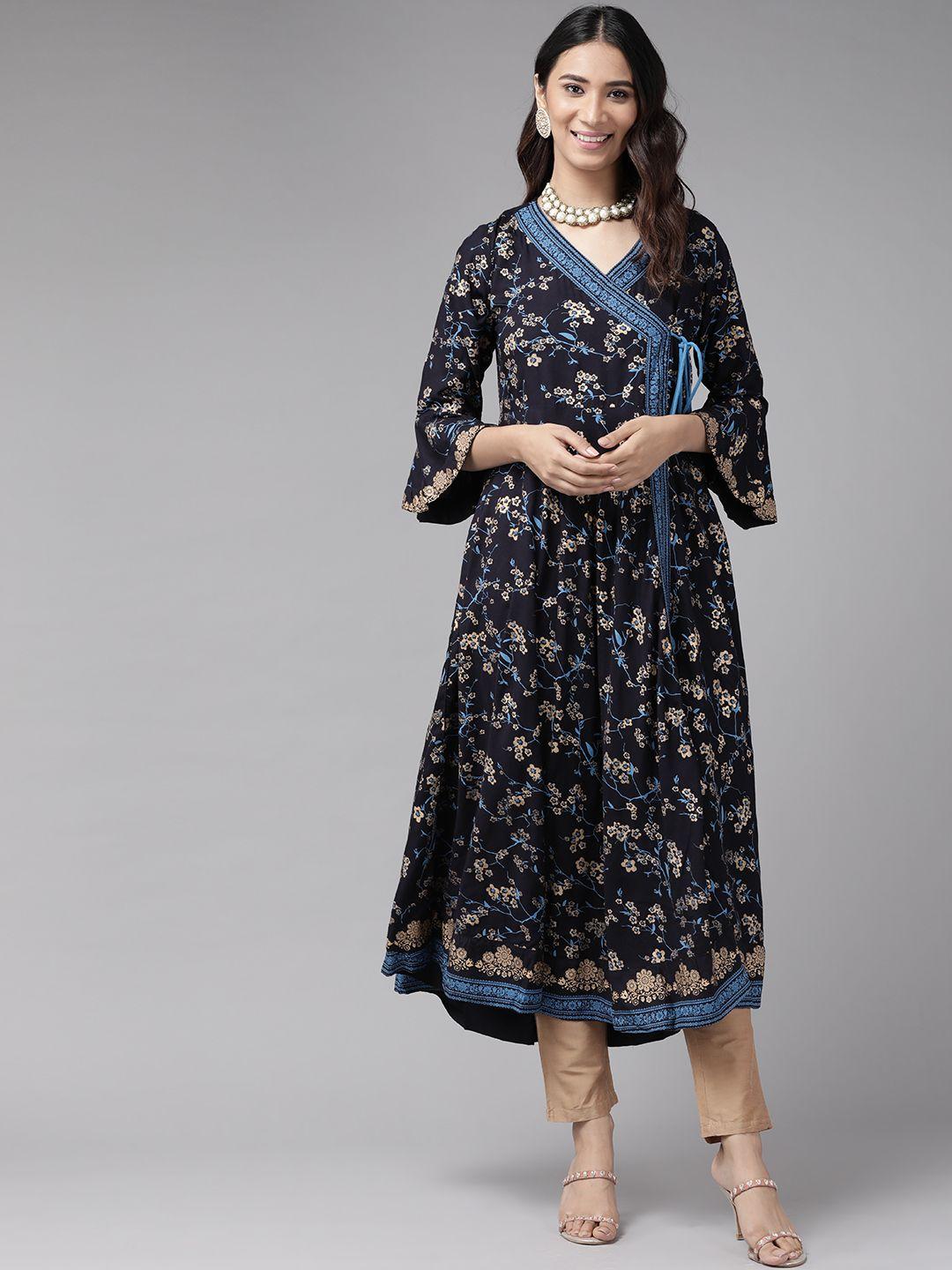 yash gallery women navy blue & golden ethnic motifs printed bell sleeves kurta