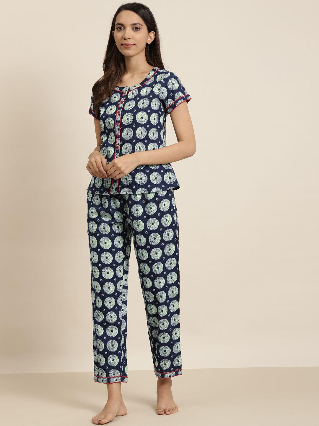 yash gallery women navy blue & off-white printed night suit