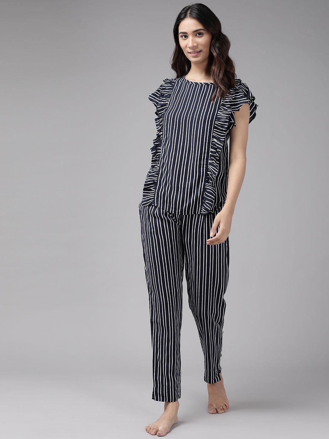 yash gallery women navy blue & white ruffle striped pyjamas set