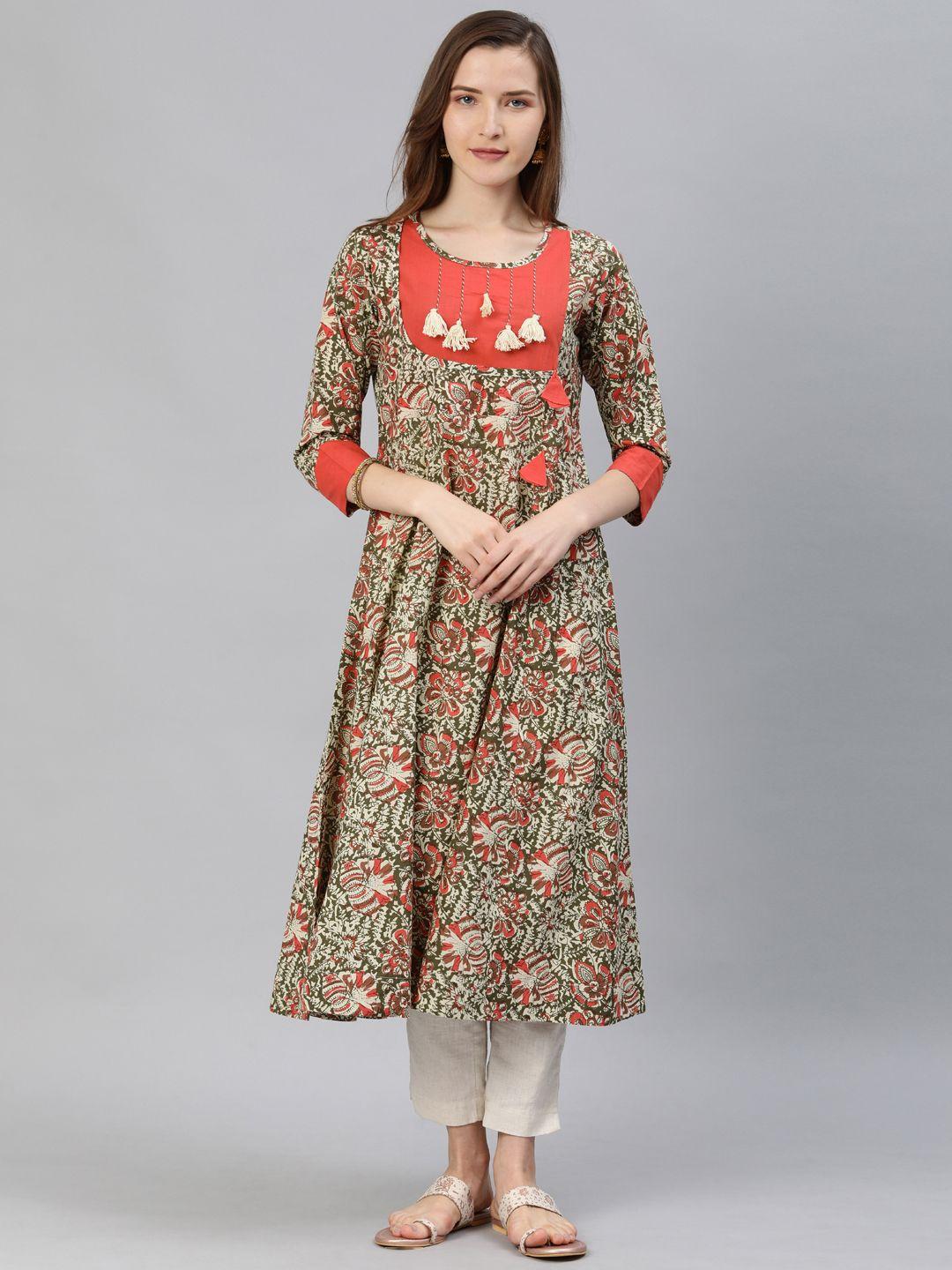 yash gallery women peach-coloured & olive green printed a-line kurta with tassel details