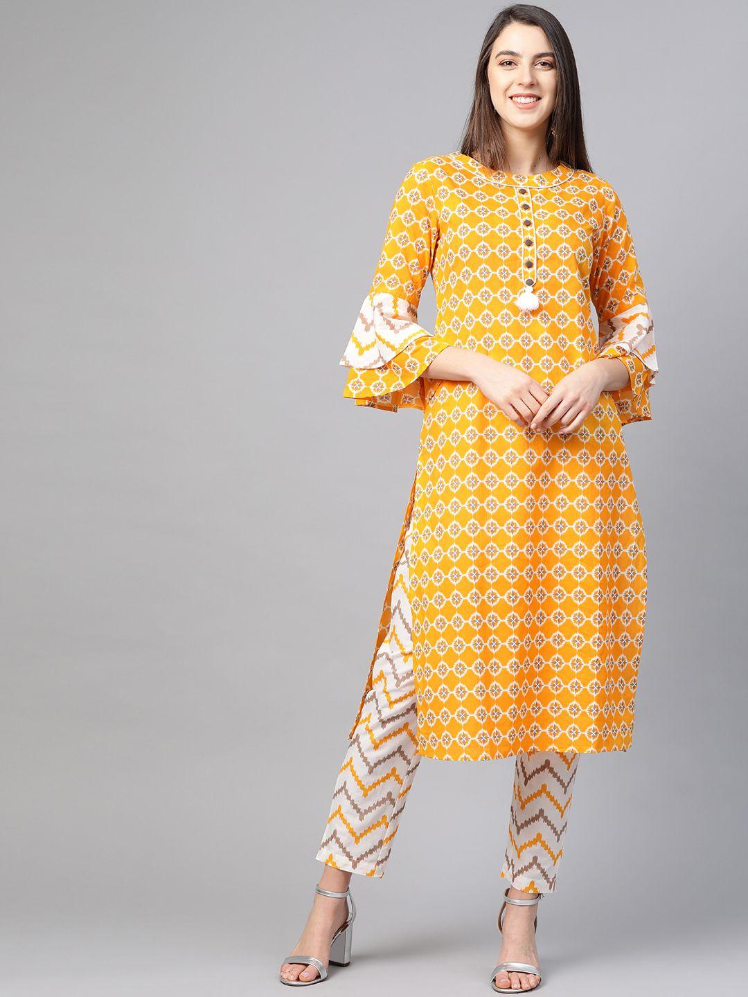 yash gallery women yellow & white printed kurta with trousers