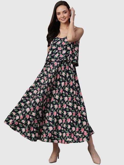 yash gallery black & pink floral print a-line dress