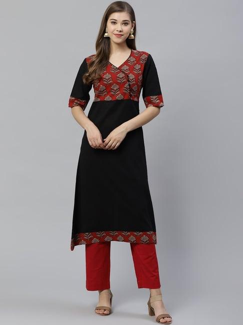 yash gallery black & red cotton printed a line kurta