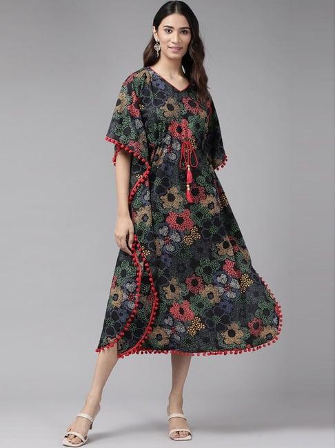 yash gallery black cotton printed a-line dress kaftan