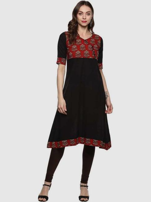 yash gallery black cotton printed a line kurta