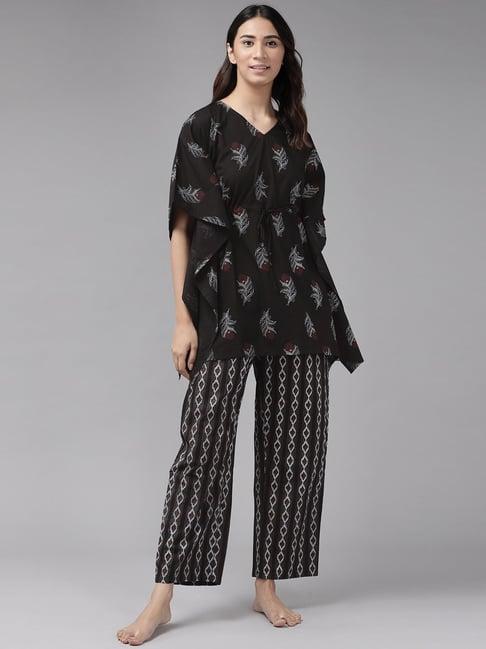 yash gallery black cotton printed kaftan pyjama set