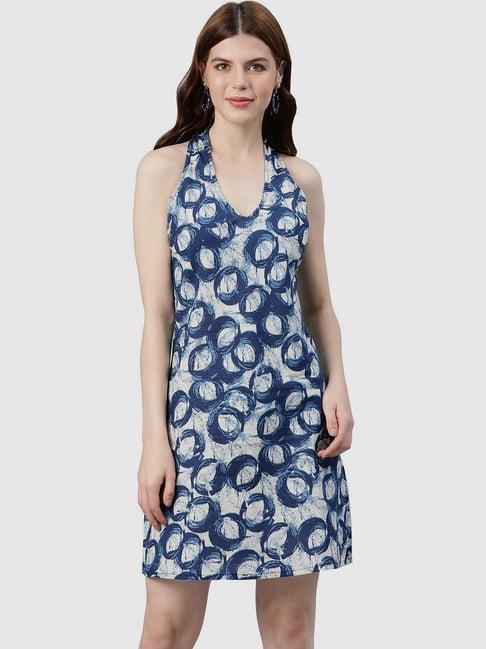 yash gallery blue & beige cotton printed a-line dress