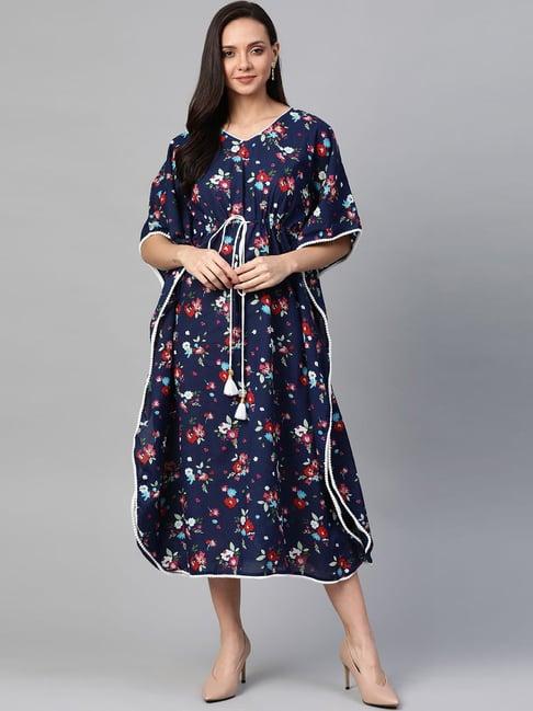 yash gallery blue cotton printed a-line dress kaftan