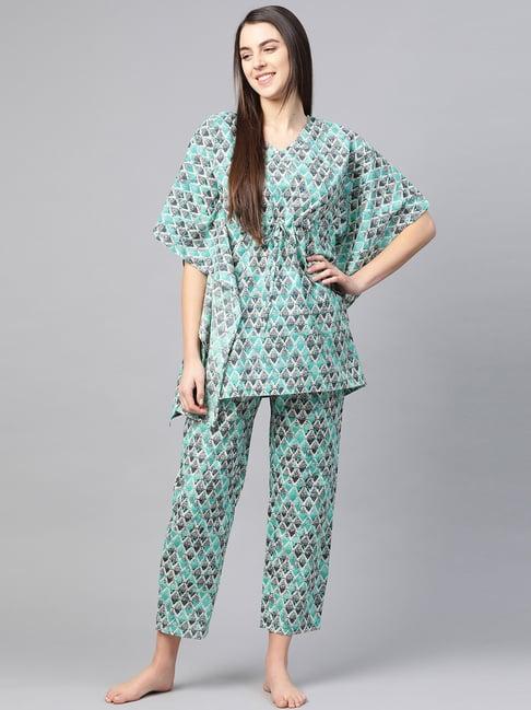 yash gallery blue cotton printed kaftan pyjama set