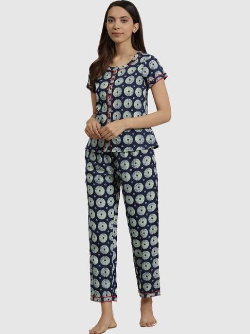 yash gallery blue cotton printed top pyjama set
