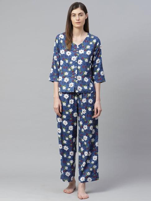 yash gallery blue floral print shirt pyjama set
