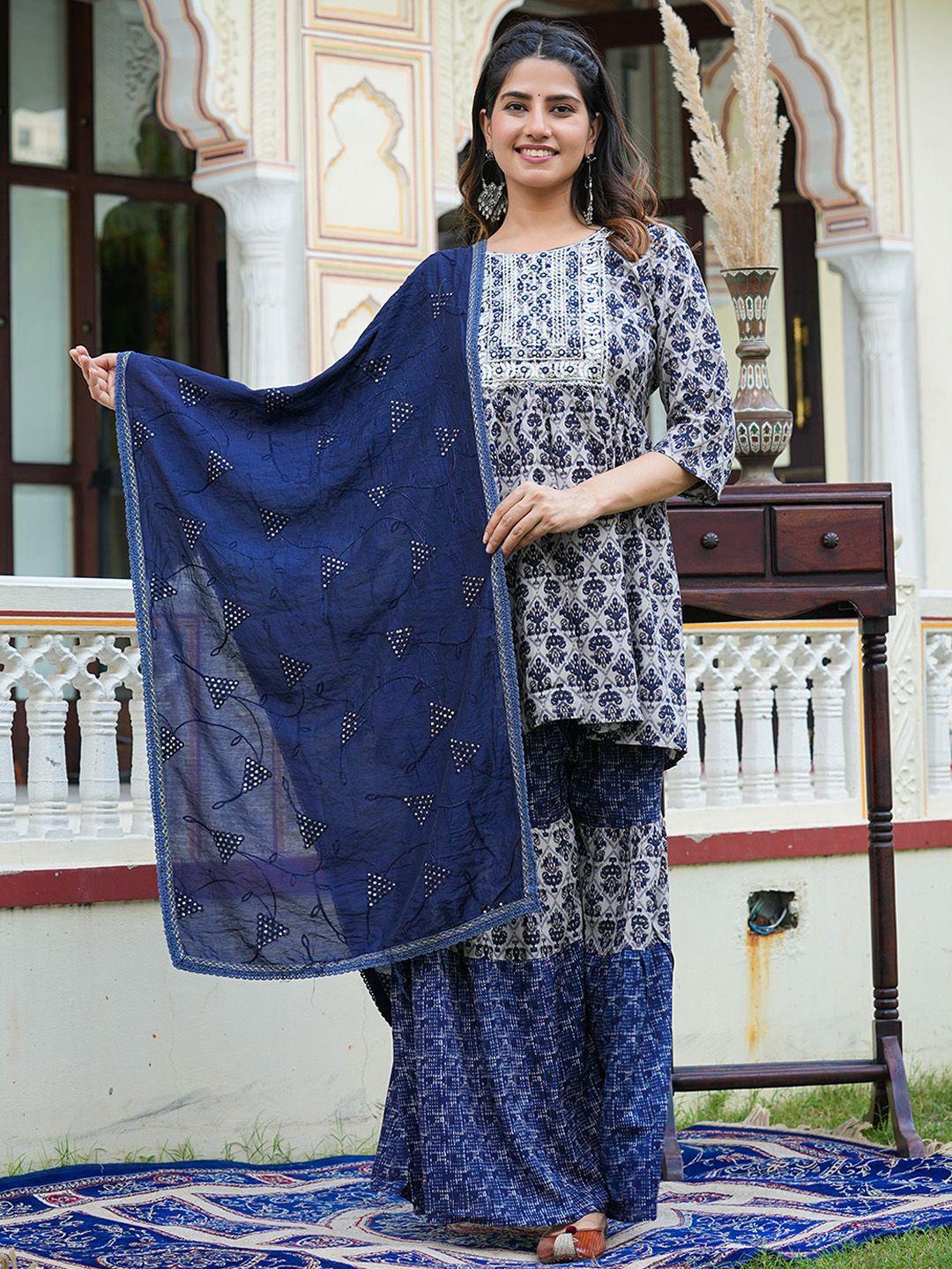 yash gallery ethnic motifs yoke design empire mirror work kurta with sharara & dupatta