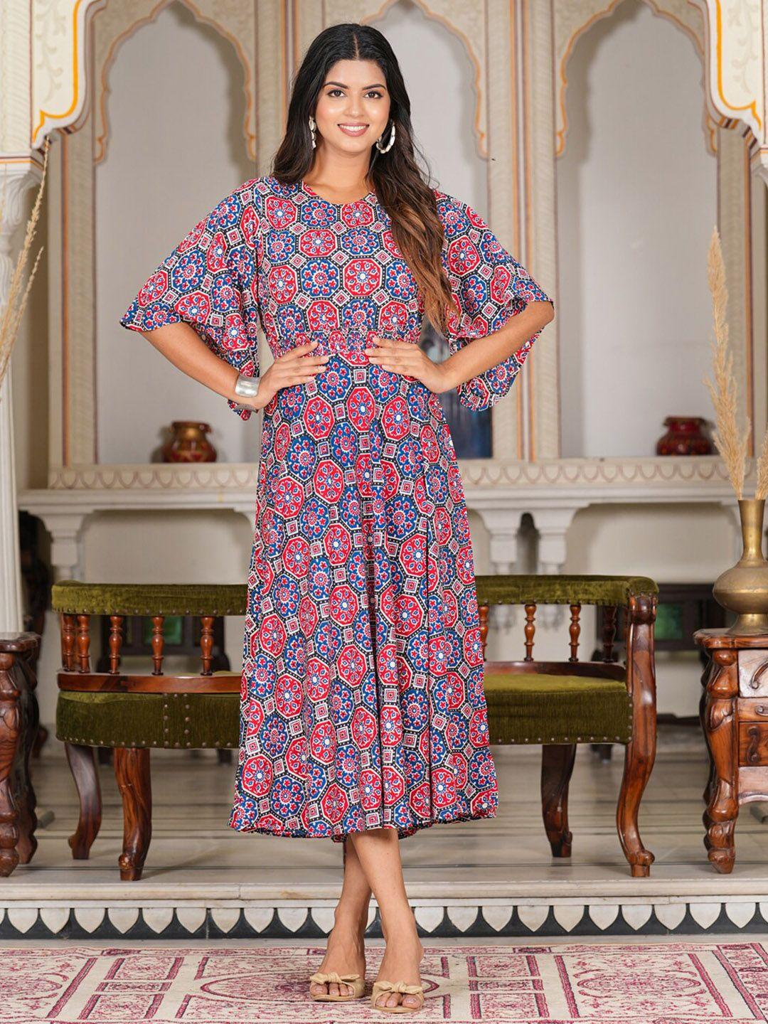 yash gallery floral printed flared sleeves smocked a-line midi dress