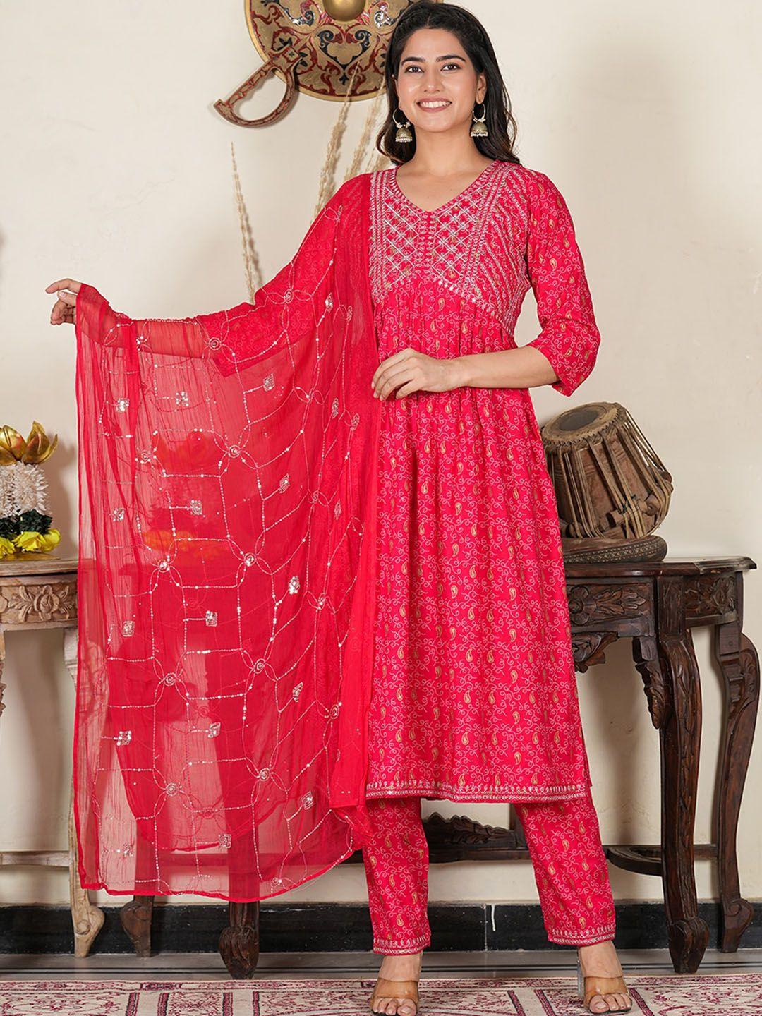 yash gallery floral printed mirror work empire kurta & trousers with dupatta