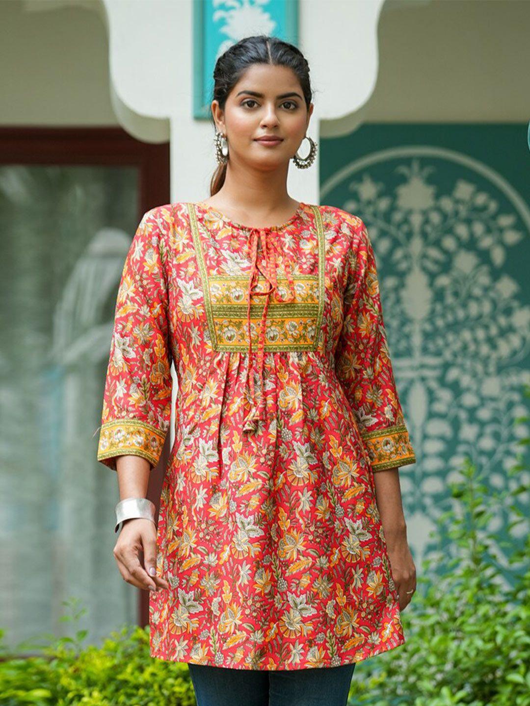 yash gallery floral printed tie-up neck a-line kurti