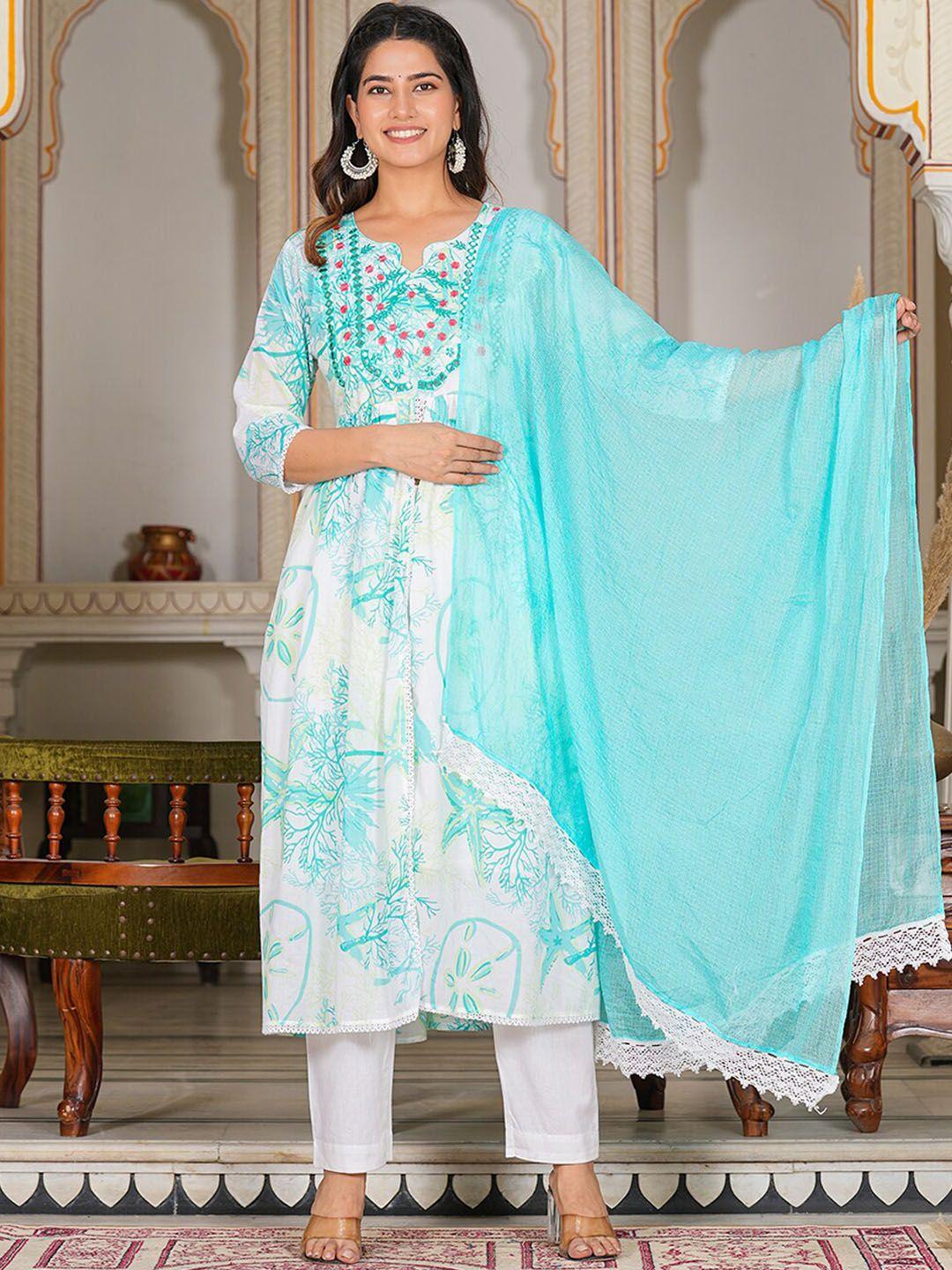 yash gallery floral yoke design thread work pure cotton kurta with trousers & dupatta