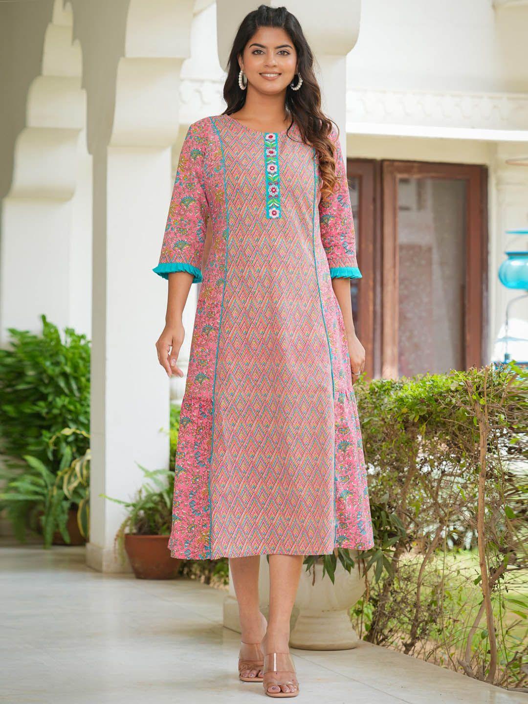 yash gallery geometric printed cotton a-line midi ethnic dress